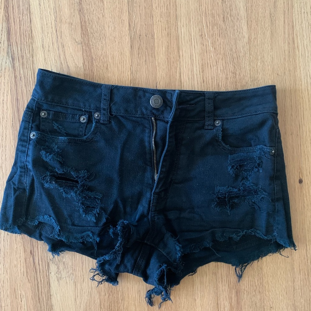 Black high rise denim shorts